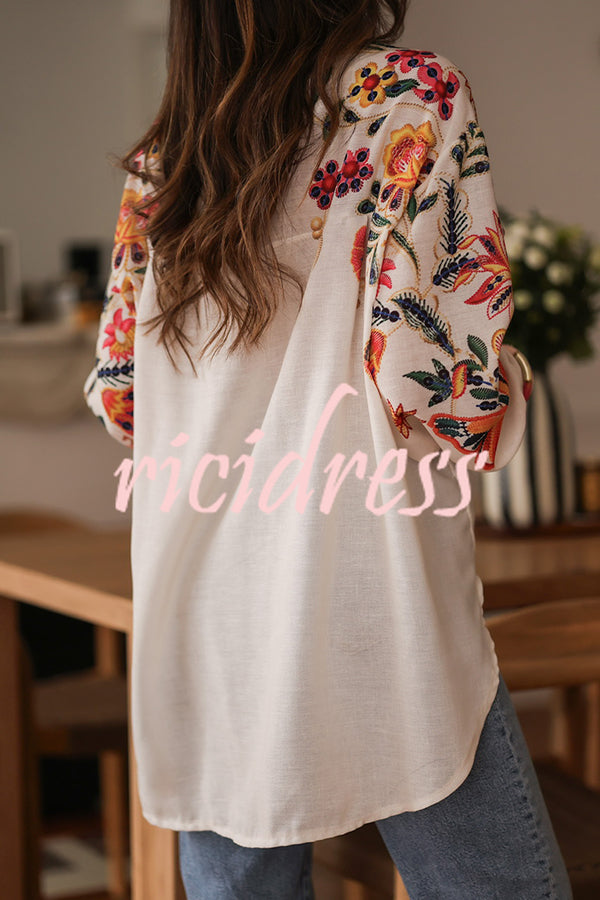 Botanical Print Loose Lapel Long Sleeve Casual Shirt