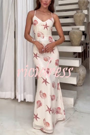 Beach Club Sequin Unique Print Open Back Stretch Maxi Dress