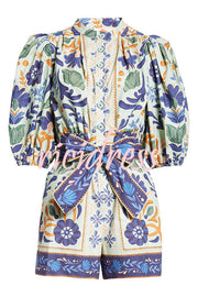 Elouise Linen Blend Unique Print Button Puff Sleeves Tie-up Pocketed Romper