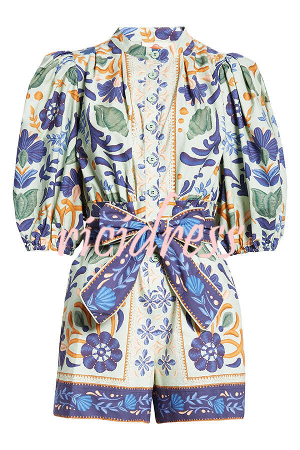 Elouise Linen Blend Unique Print Button Puff Sleeves Tie-up Pocketed Romper