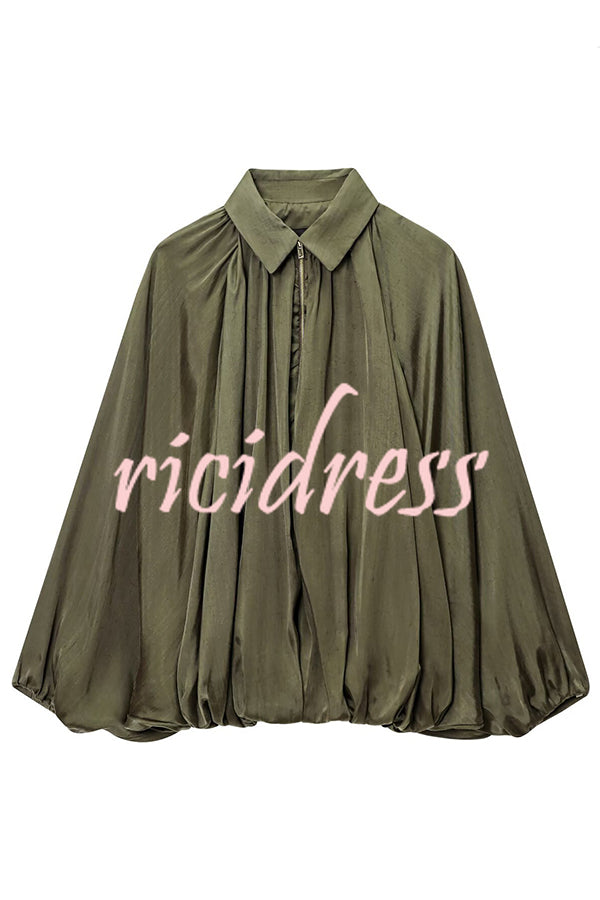 Fashion Lapel Loose Puff Long Sleeve Casual Zipper Jacket