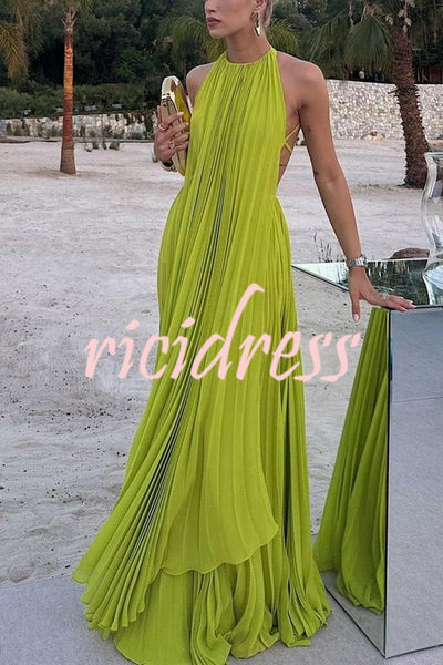 Sexy Backless Tie and Elastic Waist High Slit Pleated Maxi Skirt Set