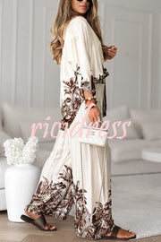 Botanical Print Loose Long-sleeved Shirt and Elastic Waist Pocket Casual Wide-leg Pants