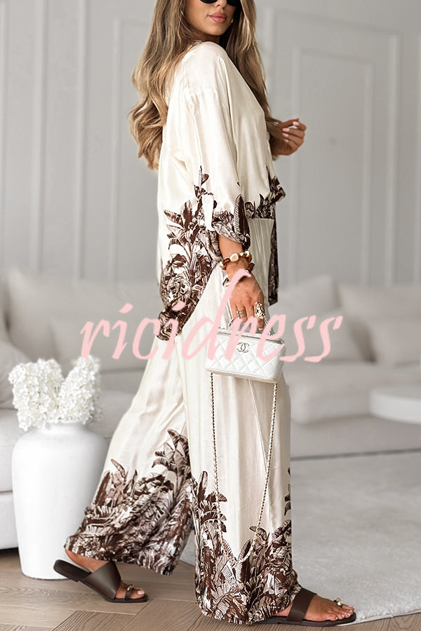Botanical Print Loose Long-sleeved Shirt and Elastic Waist Pocket Casual Wide-leg Pants