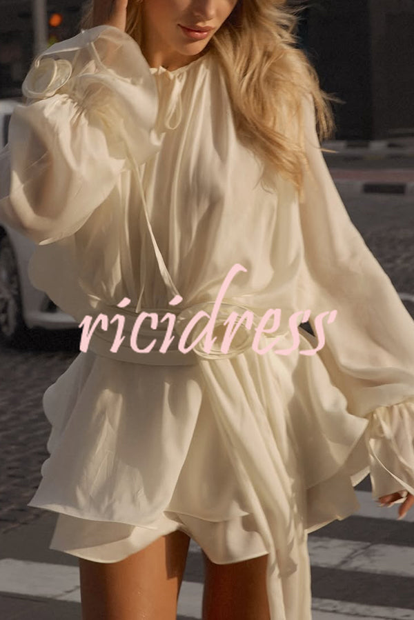 Solid Color Long Sleeve V-Neck Lace-Up Elegant Flower Decorated Mini Dress