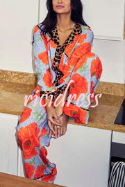 Color-block Poppy Leopard Print Trim Loose Shirt and Elastic Waist Pocketed Pajama Set