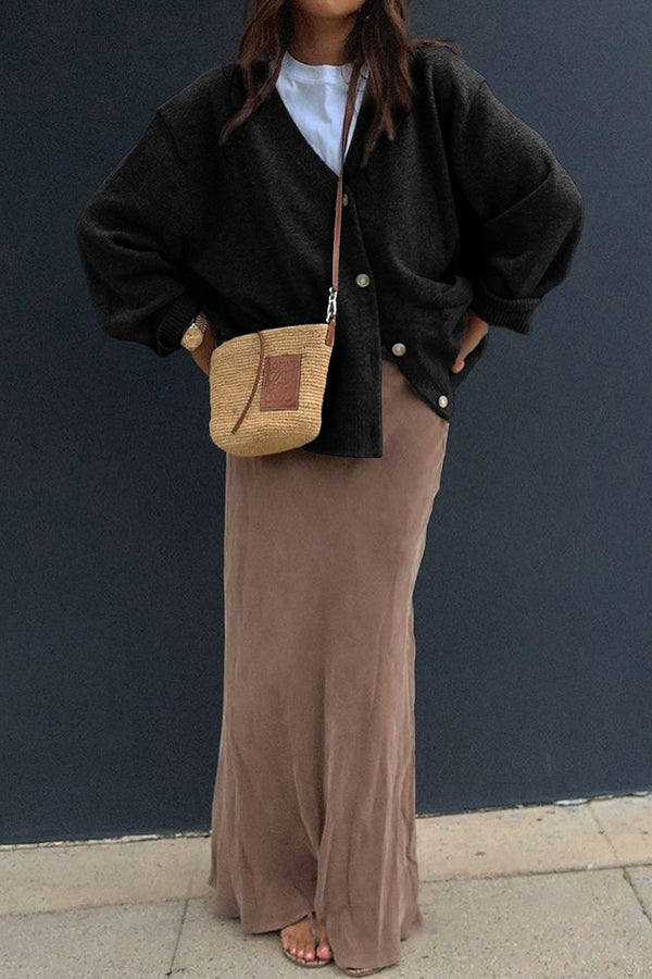 Solid Color V-Neck Button Casual Pocket Knit Cardigan