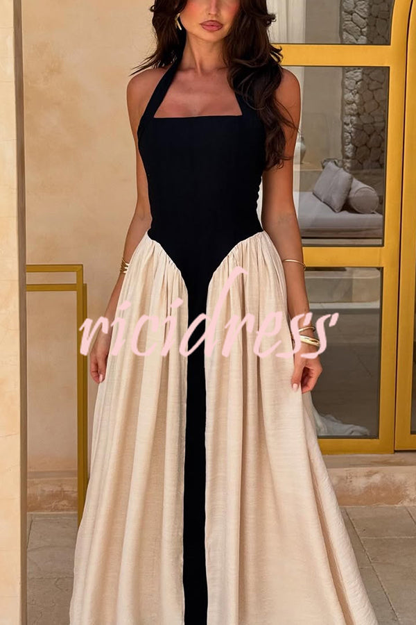 Fashion Contrast Color Stitching Sleeveless Backless Slim Maxi Dress