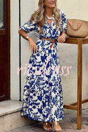 Plant Print V-neck Half-sleeve High Waist Casual Maxi Dress