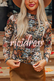 Floral Print Turtleneck Long Sleeve Stretch Bottoming Shirt