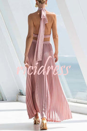 Stunning Choice Satin Pleated Halter High Neck Cutout Waist Backless Maxi Dress