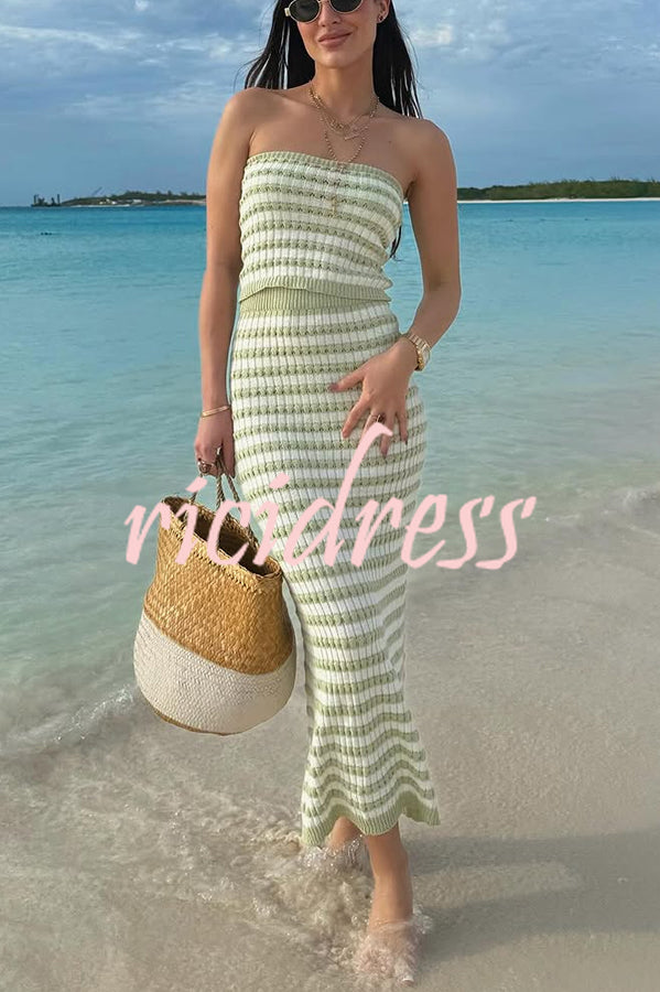 Bahamas Beach Knit Colorblock Stripes Bandeau Top and High Rise Stretch Maxi Skirt Set