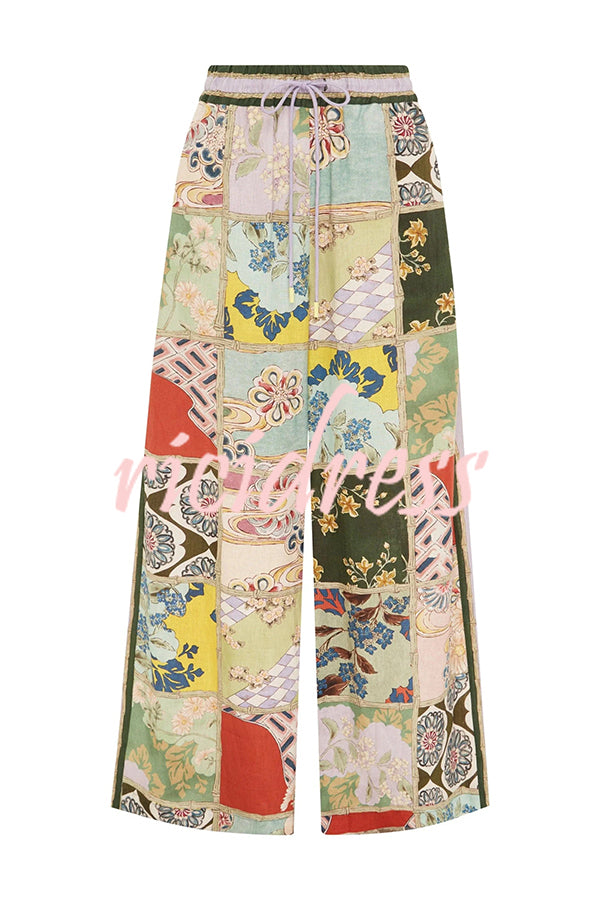 Linen Blend Lapel Short Sleeve Loose Top and Elastic Waist Casual Pocket Wide Leg Pants Set