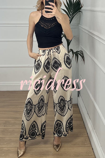Unique Print Elastic Waist Casual Pocket Wide Leg Pants