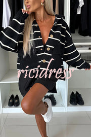 Fashion and Comfort Knit Striped Button Up Pocketed Loose Hooded Cardigan