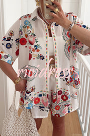 Linen Blend Floral Print Short Sleeve Loose Shirt and Elastic Waist Tie Casual Shorts Set