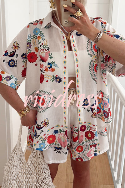 Linen Blend Floral Print Short Sleeve Loose Shirt and Elastic Waist Tie Casual Shorts Set