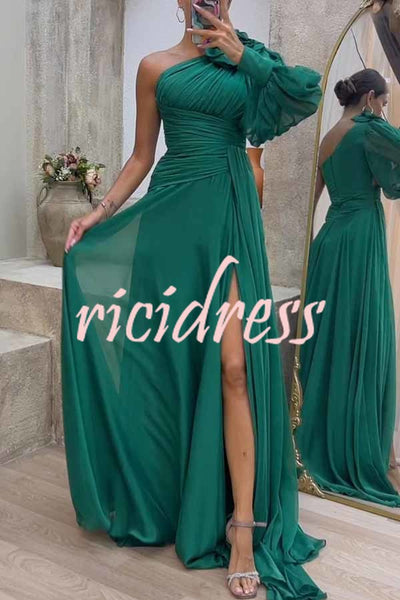 Pretty First Solid Color Floral Pleated One Shoulder Sleeve Slit Maxi Dress