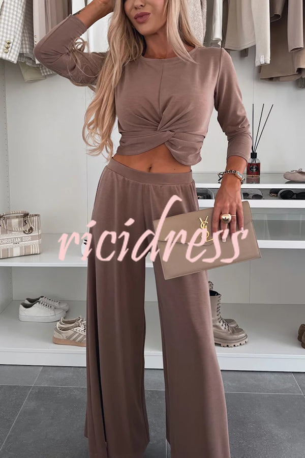 Solid Color Round Neck Long Sleeve Twist Crop Top and Elastic Waist Pocket Wide Leg Pants Set