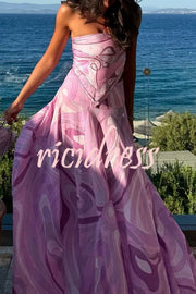 Nessie Satin Unique Print Scarf Tube Top and High Rise A-line Maxi Skirt Set