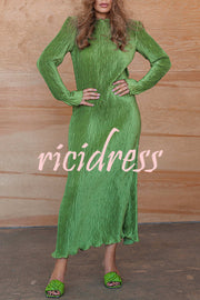 Hansin Satin Pleated Fabric Long Sleeve Wavy Trim H-line Slit Midi Dress