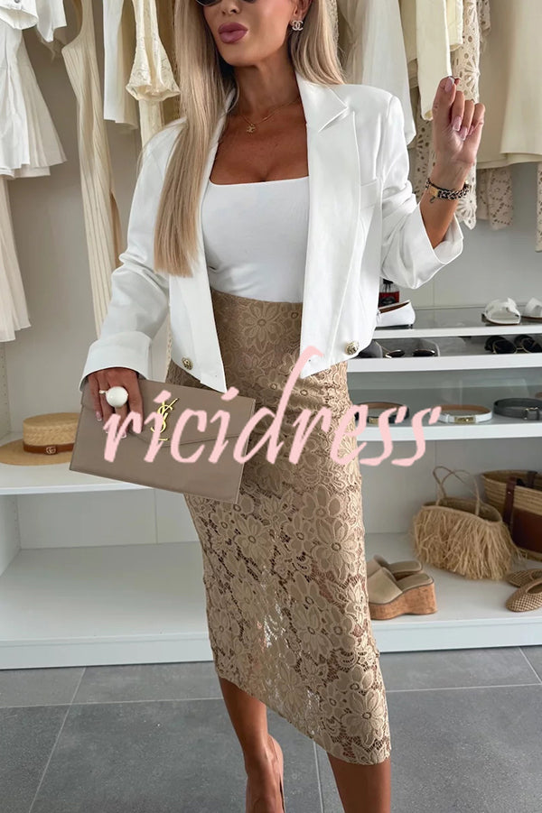 Lesia Floral Lace High Rise Slit Stretch Midi Skirt