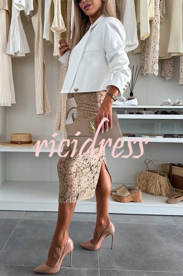 Lesia Floral Lace High Rise Slit Stretch Midi Skirt