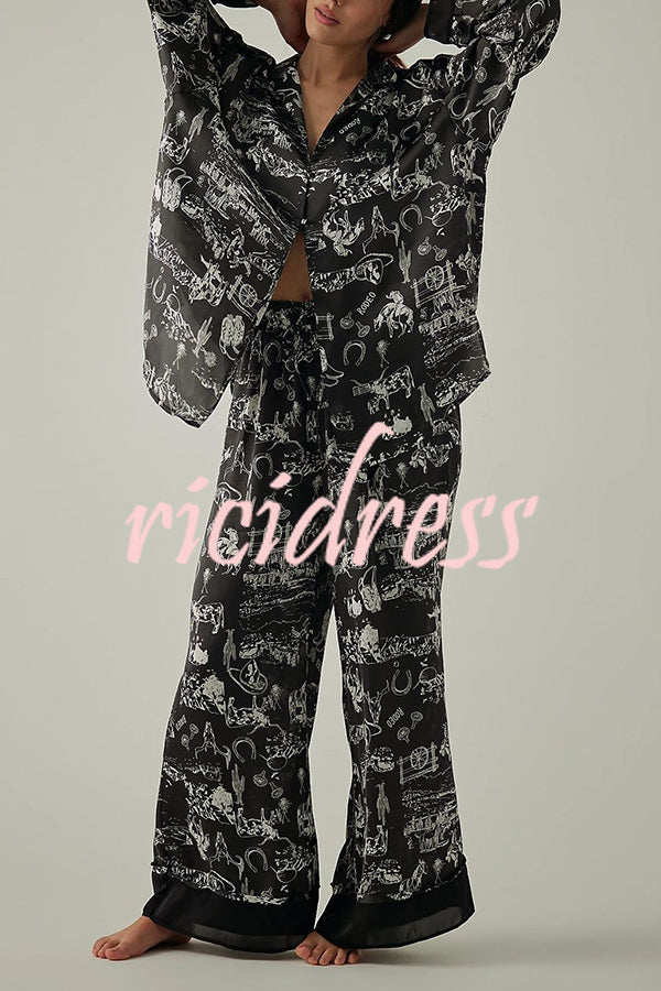 Unique Printed Lounge Long-sleeved Shirt and Elastic Waisted Baggy Pants Set