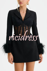 GIA Lace Corset Waist Feather Sleeve Structured Lapel Blazer Mini Dress