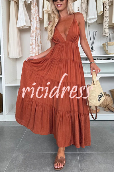 Bohemian Style V-neck Backless Slip Layered Vacation Maxi Dress