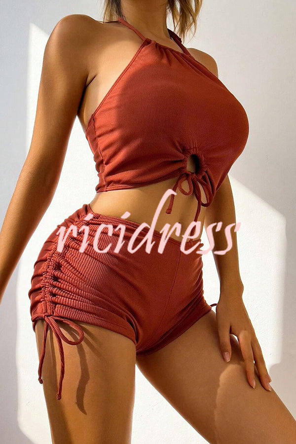 Solid Color Sexy Halter Neck High Waist String Stretch Bikini Swimsuit