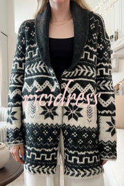 Winter Snowflake Waist Tie Lapel Midi Pocket Knit Cardigan