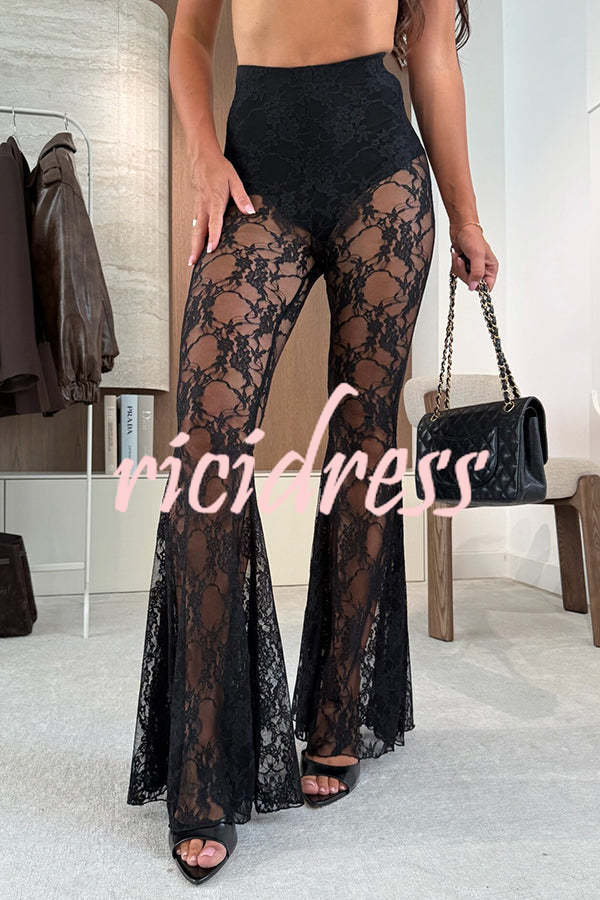 Chic Moment Floral Lace High Rise Elastic Waist Fishtail Hem Stretch Pants