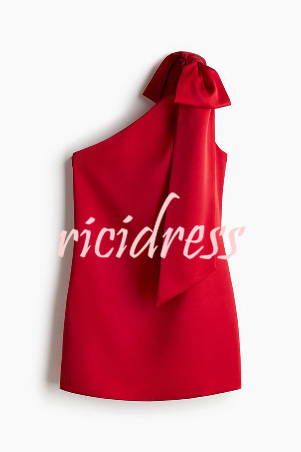Perfect Holiday Date Oversized Bow Detail One Shoulder H-line Mini Dress