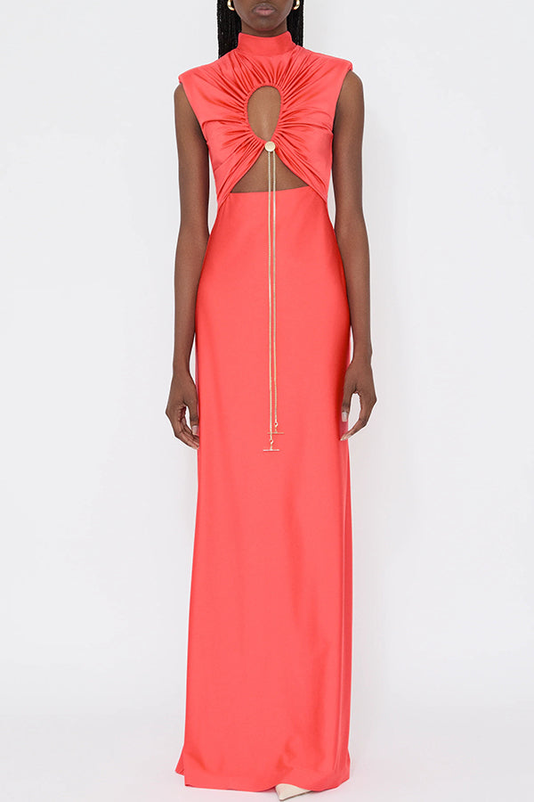 Genis Hollow Elastic Bust High Neck Sleeveless Gathered Maxi Dress