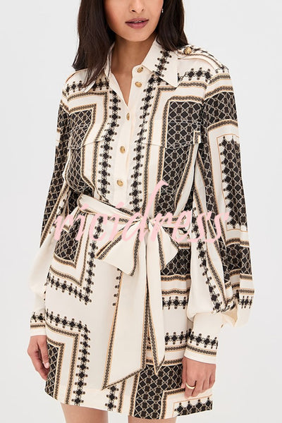 Hildie Unique Print Epaulettes Long Sleeve Flap Pockets Tie-up Waist Shirt Mini Dress