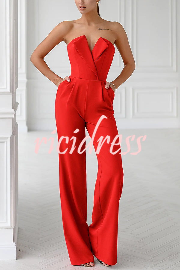 Tuxedo-style Off Shoulder Pocket Wide Leg Formal Jumpsuit