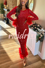 Sexy Long Sleeve Round Neck Feather Edge Rhinestone Decoration Slim Fit Maxi Dress