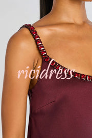 Taste Red Wine Satin Gemstone Trim Round Neck Slip H-line Mini Dress