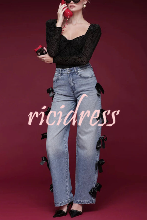 Runway Muse Denim High Rise Bow Trim Pocketed Wide Leg Jeans
