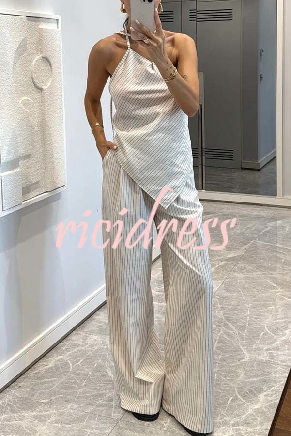 Moriah Striped Thin Strap Halter Neck Scarf Top and Pocketed Wide Leg Pants Set