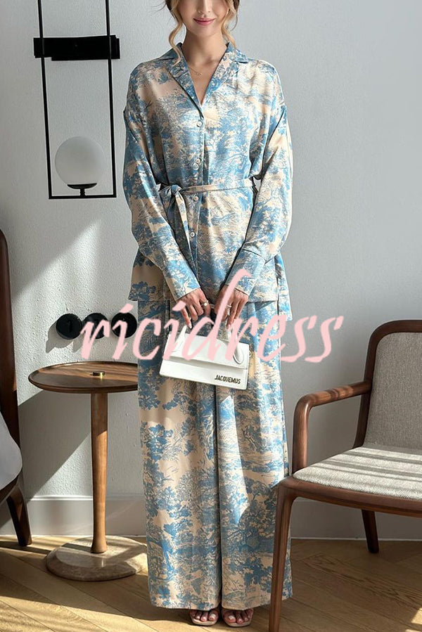 Unique Print Long-sleeved Tie Shirt and Elastic High-waist Wide-leg Pants Set