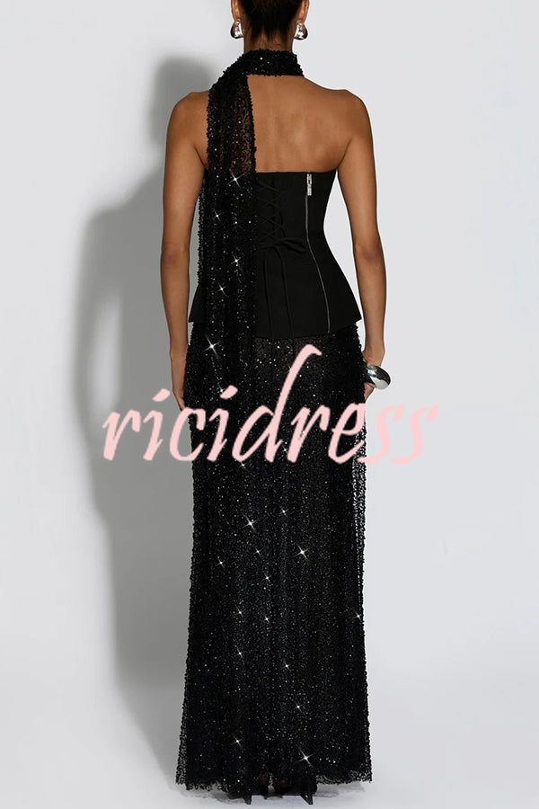 Oakley Corset Strapless Top and Sequin High Rise Maxi Skirt Scarf Set