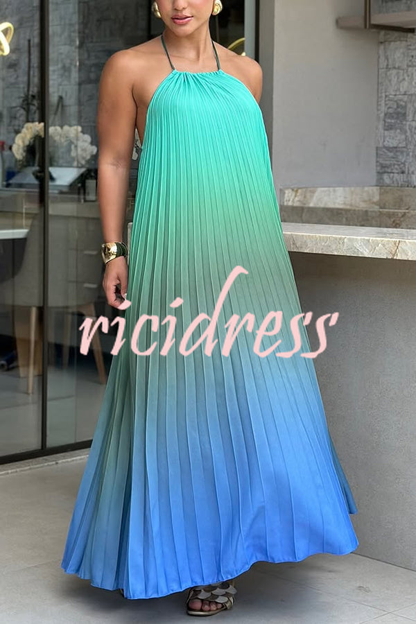 Sea goddess Gradient Print Pleated Halter Backless A-line Maxi Dress