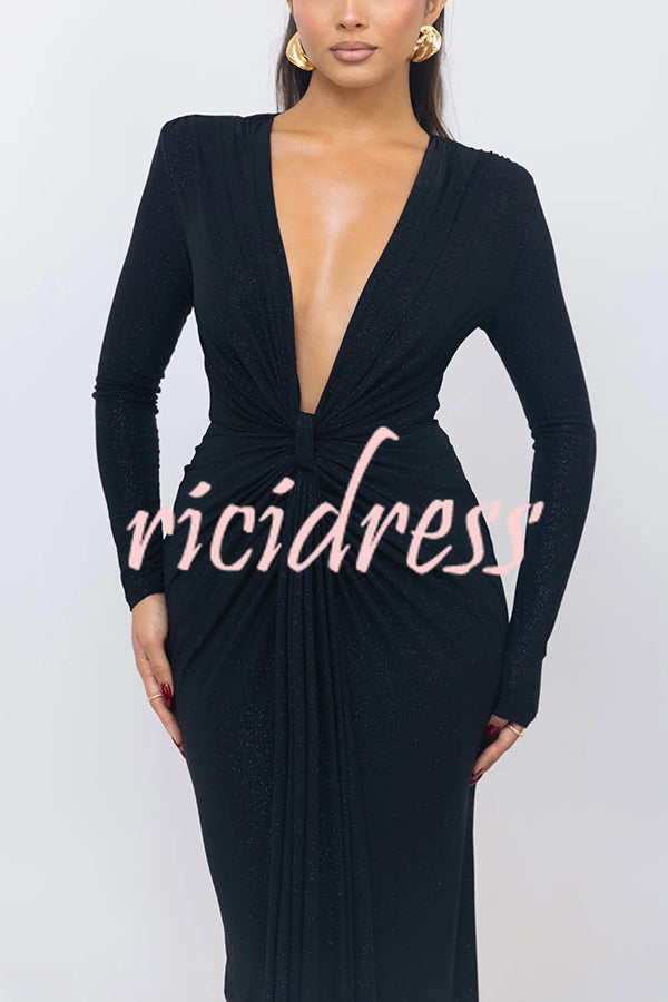 Solid Color Shiny Sexy V-neck Long Sleeve Ribbon Slit Slim Fit Maxi Dress