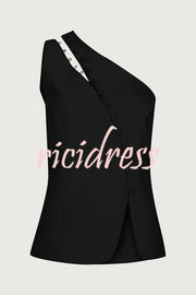 Full of Design Solid Color One Shoulder Asymmetric Slit Button Casual Vest