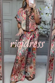 Unique Printed Loose Short-sleeved Top and Elastic Waist Casual Wide-leg Pants Set