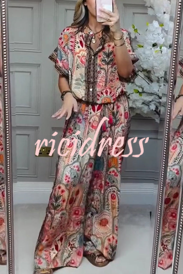 Unique Printed Loose Short-sleeved Top and Elastic Waist Casual Wide-leg Pants Set