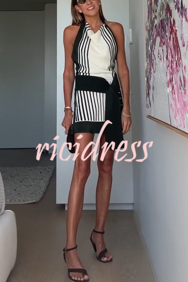 Summer Event⁠ Striped Beads Cowl Neck Backless Tie-up Mini Dress