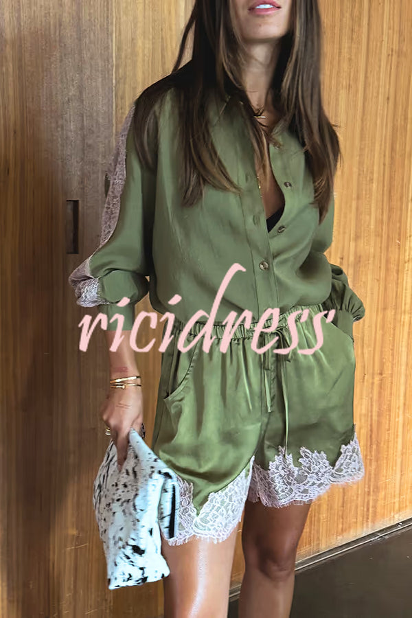 Eye-catching Work Contrast Color Satin Lace Trim Elastic Waist Pocket Shorts